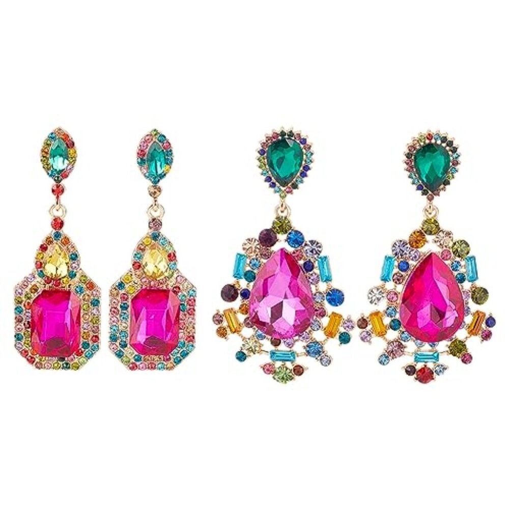 2 Pairs Rhinestone Statement Drop Dangle Earrings